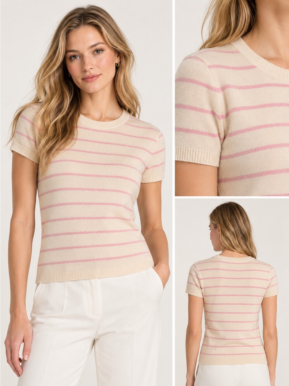 Vintage Valentino Boutique Cream Pink Striped Knit Sweater Top S